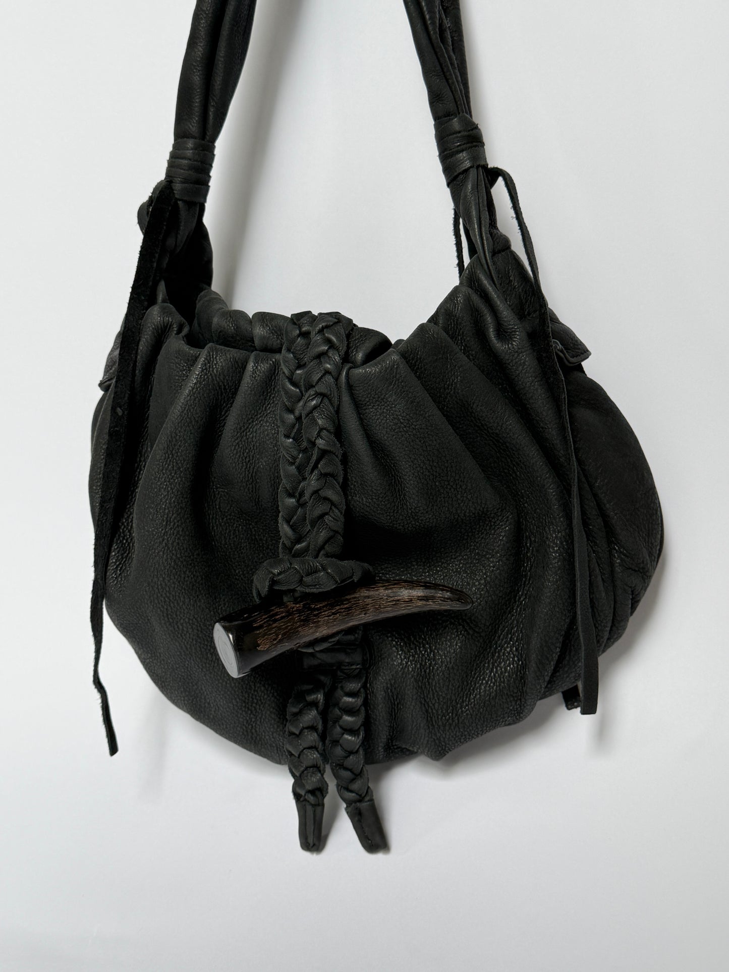 Black Braided Leather Shoulder Bag — Horn Detail