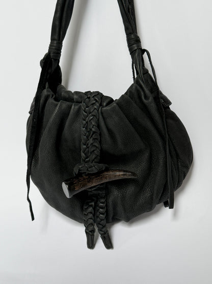 Black Braided Leather Shoulder Bag — Horn Detail