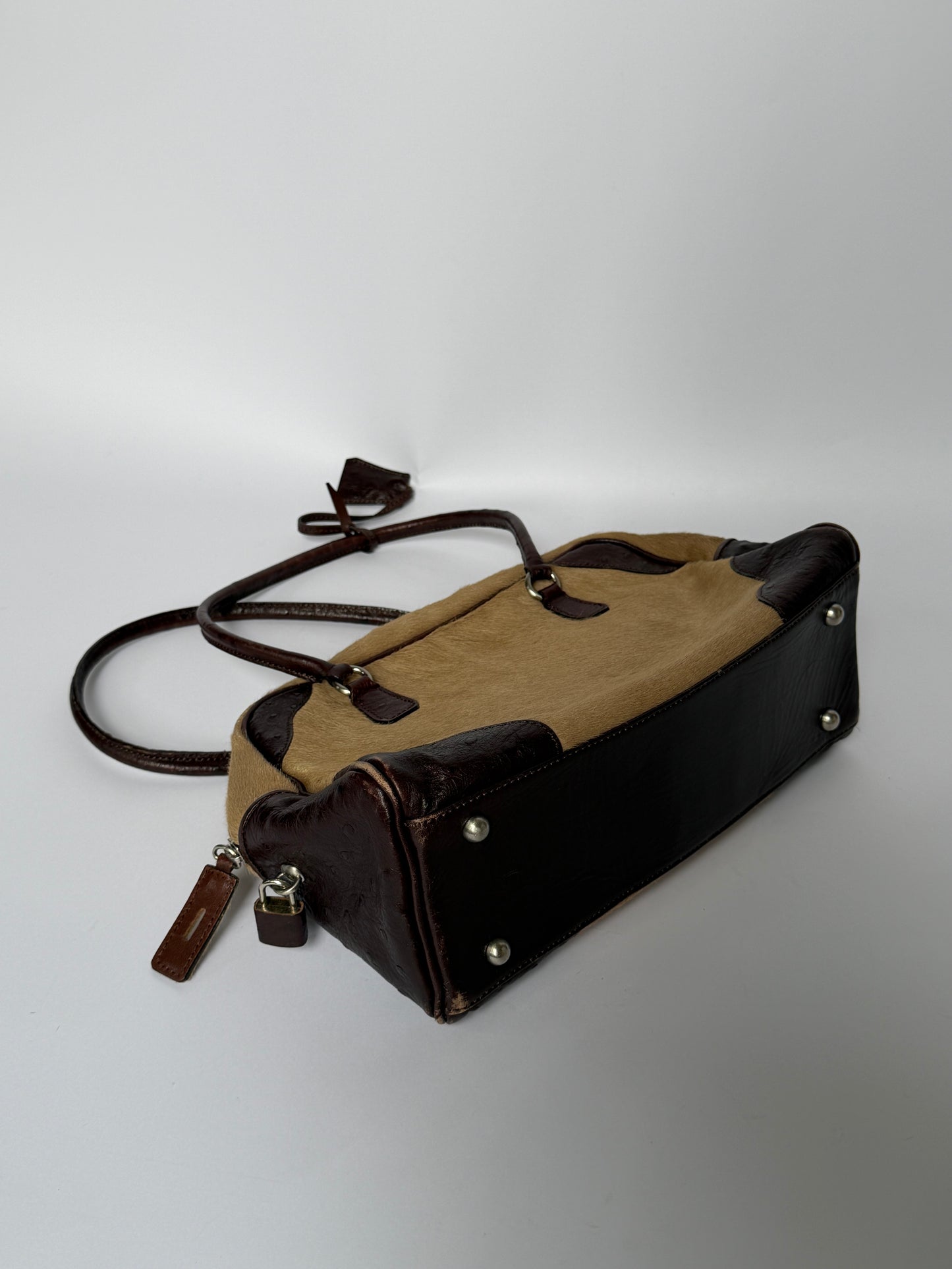 Ostrich Leather & Pony Hair Handbag in Taupe