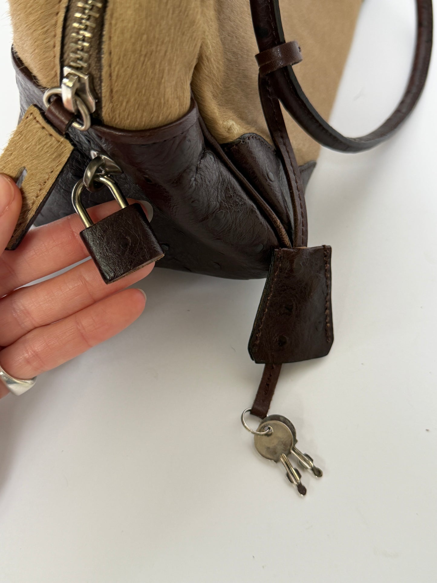 Ostrich Leather & Pony Hair Handbag in Taupe