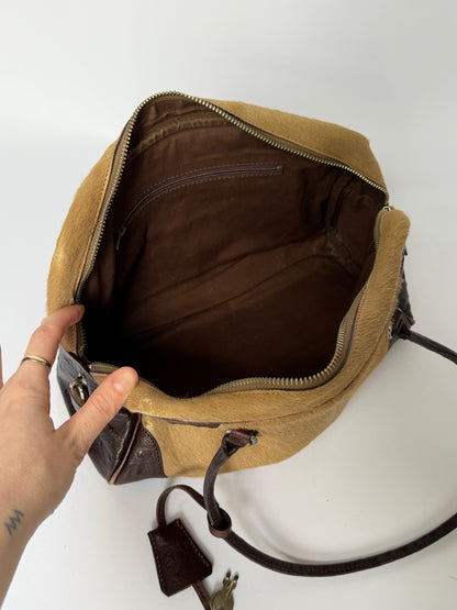 Ostrich Leather & Pony Hair Handbag in Taupe