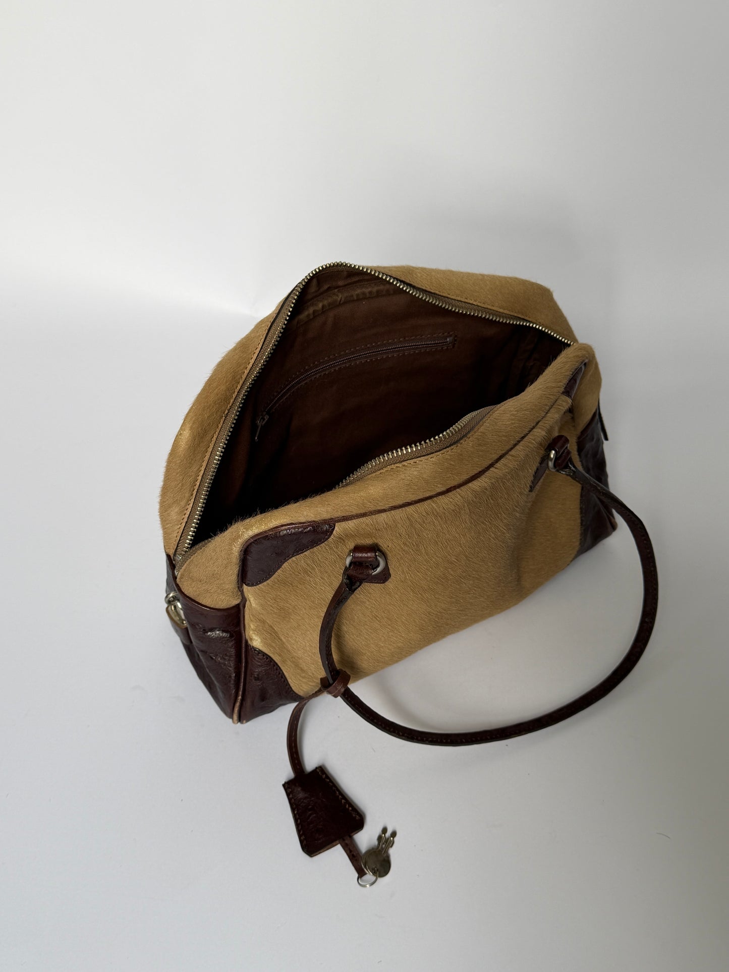 Ostrich Leather & Pony Hair Handbag in Taupe
