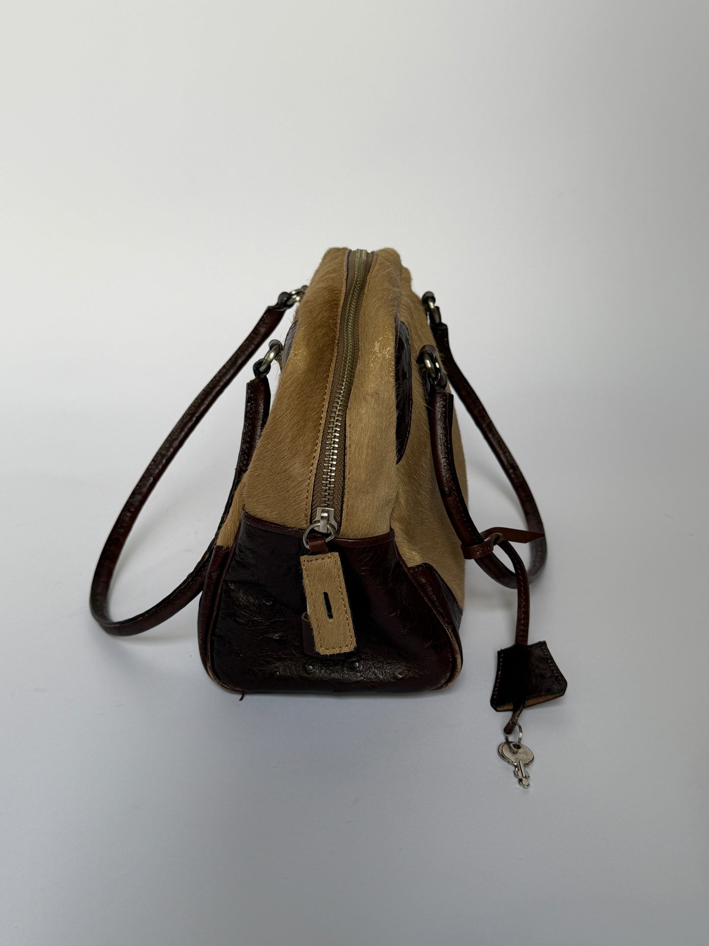 Ostrich Leather & Pony Hair Handbag in Taupe