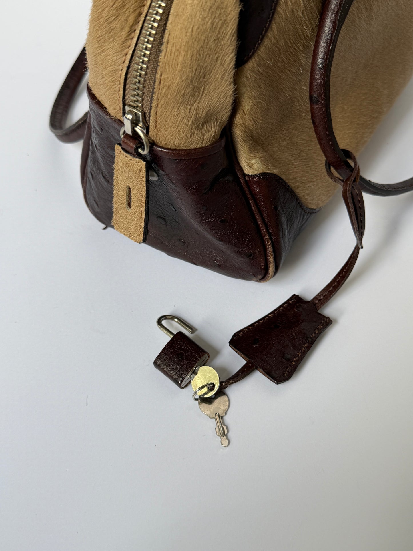 Ostrich Leather & Pony Hair Handbag in Taupe