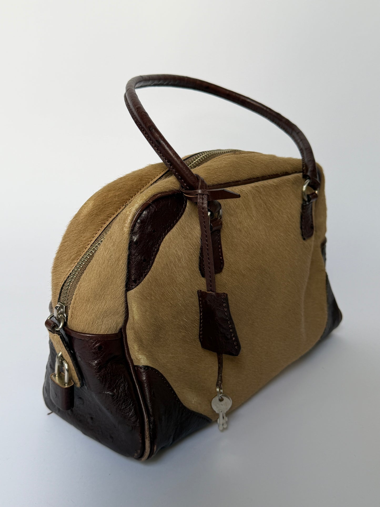 Ostrich Leather & Pony Hair Handbag in Taupe
