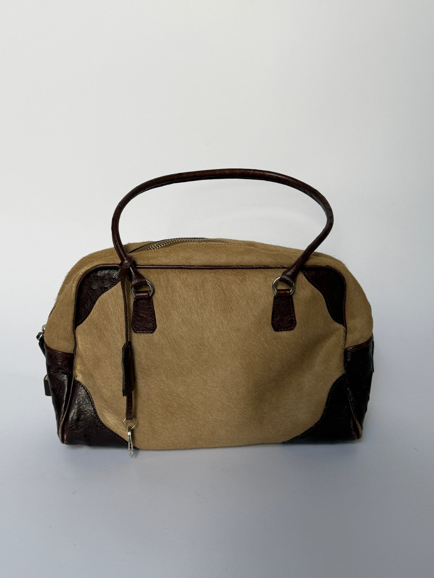 Ostrich Leather & Pony Hair Handbag in Taupe