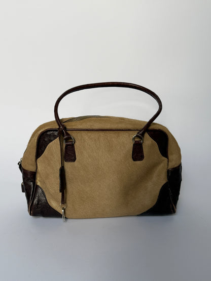 Ostrich Leather & Pony Hair Handbag in Taupe