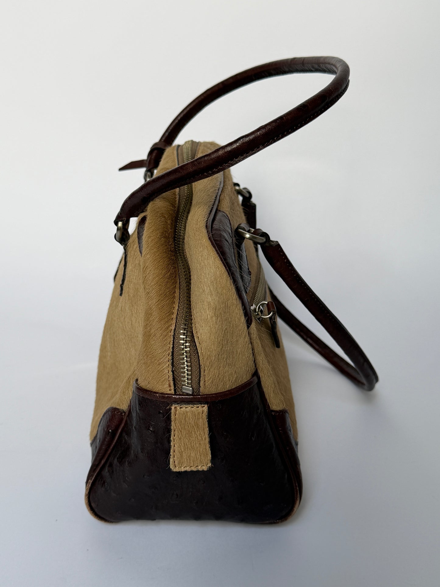Ostrich Leather & Pony Hair Handbag in Taupe