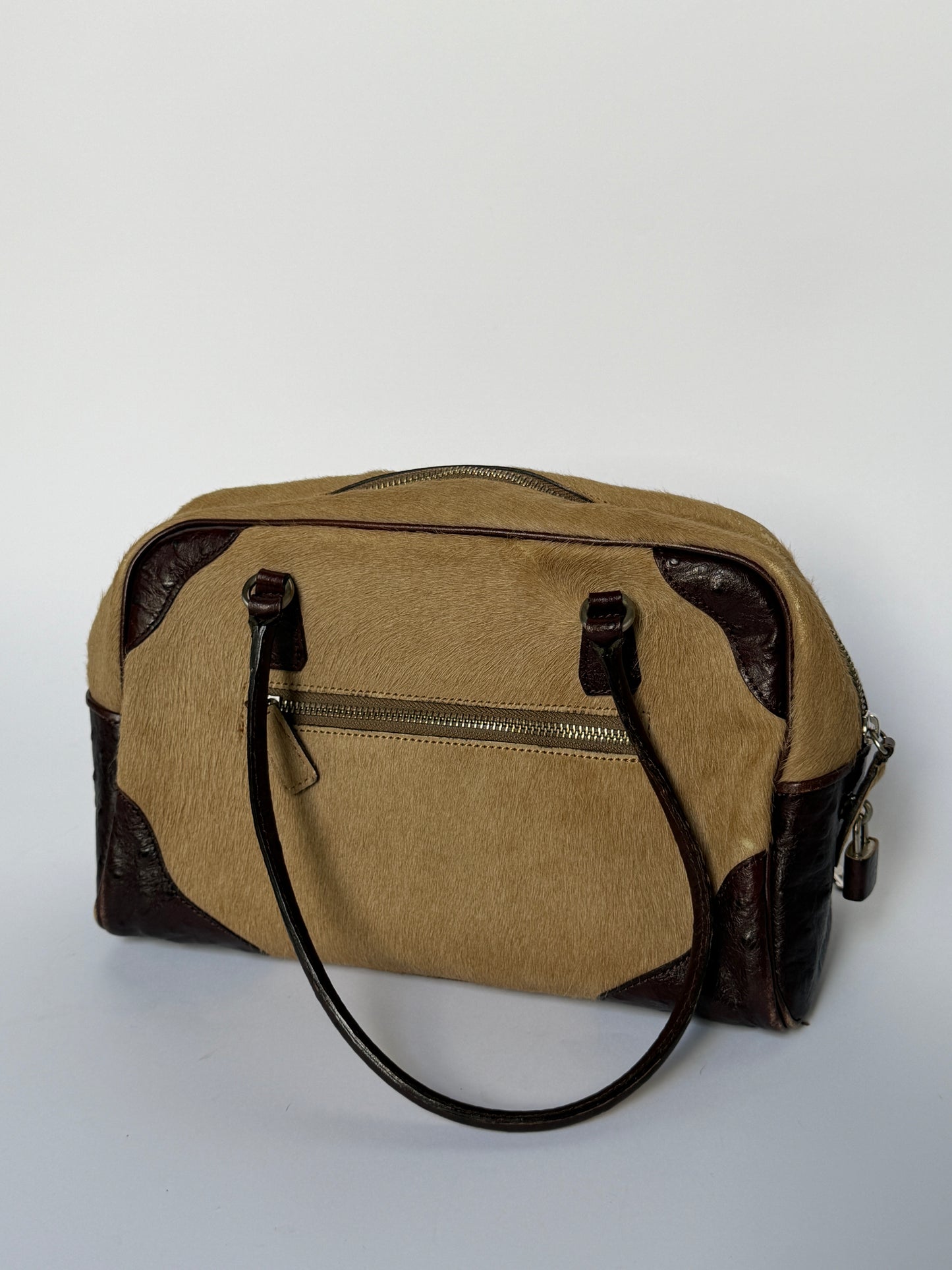 Ostrich Leather & Pony Hair Handbag in Taupe
