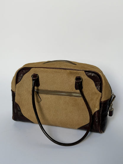 Ostrich Leather & Pony Hair Handbag in Taupe