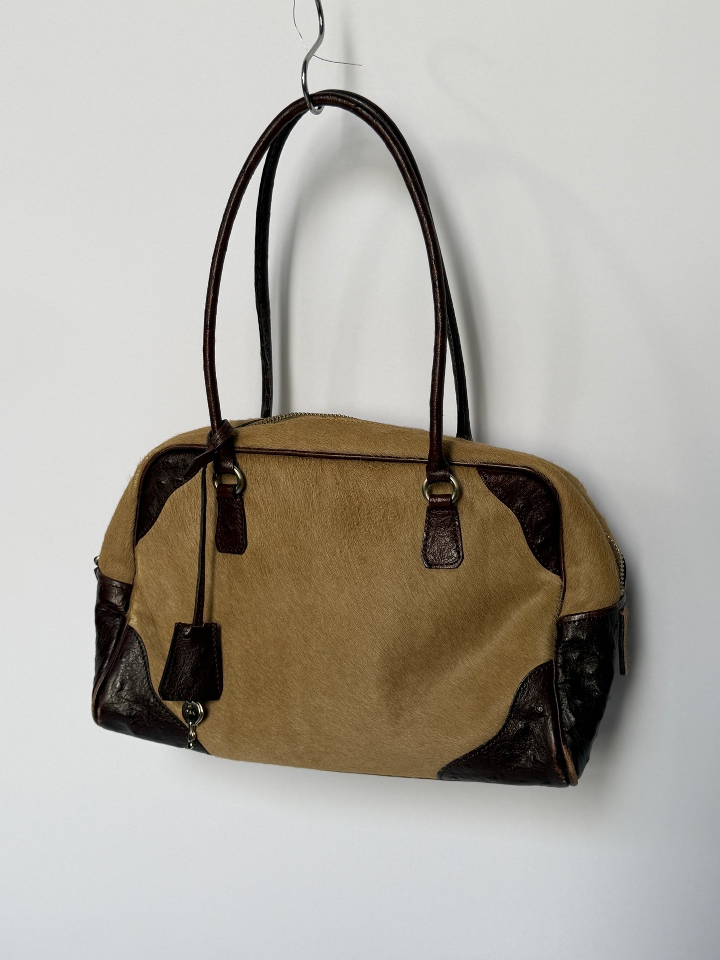 Ostrich Leather & Pony Hair Handbag in Taupe