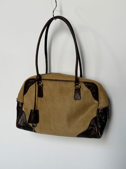 Ostrich Leather & Pony Hair Handbag in Taupe