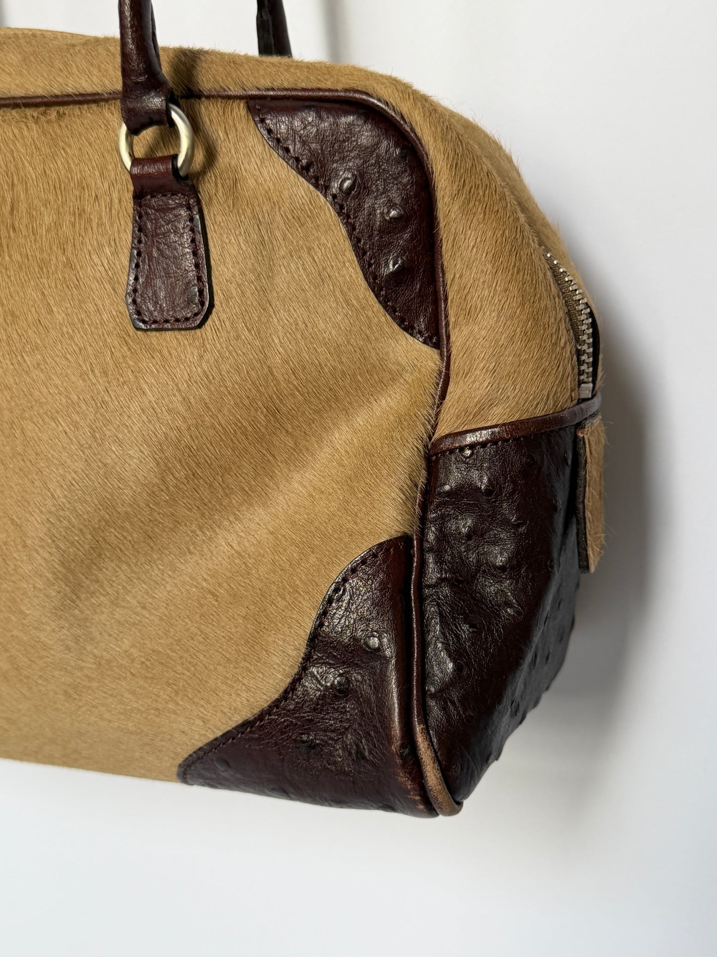 Ostrich Leather & Pony Hair Handbag in Taupe