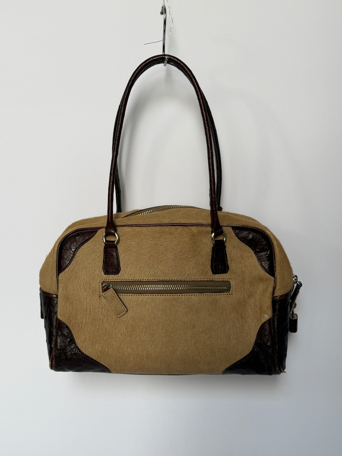 Ostrich Leather & Pony Hair Handbag in Taupe