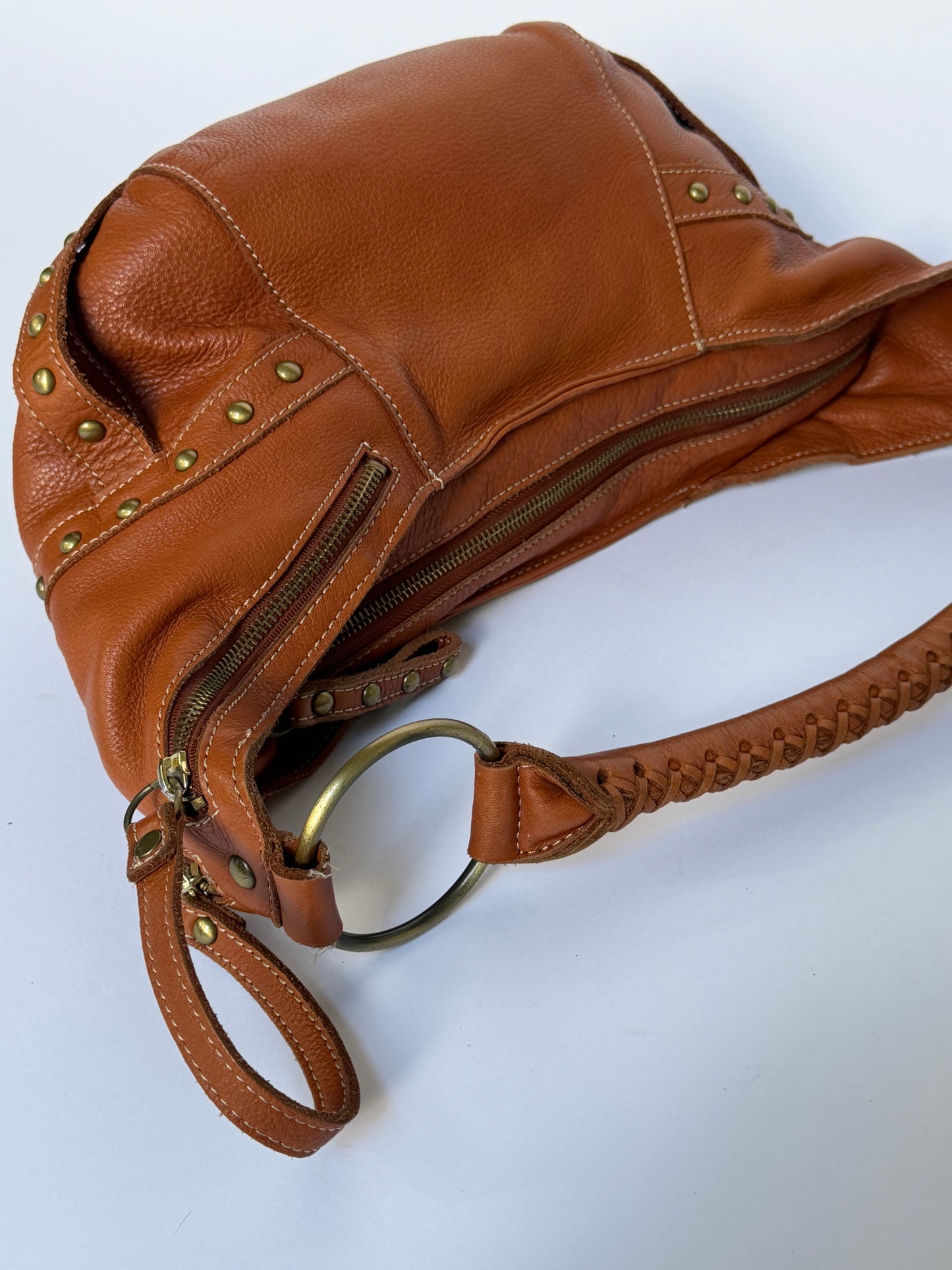 Leather Crescent Shoulder Bag with Stud Detail