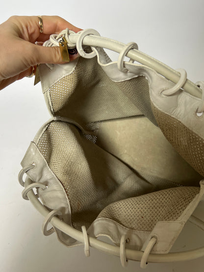 Gucci White Mesh Leather Ring Handle Shoulder Bag