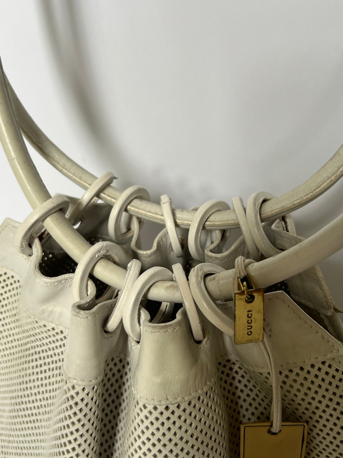 Gucci White Mesh Leather Ring Handle Shoulder Bag