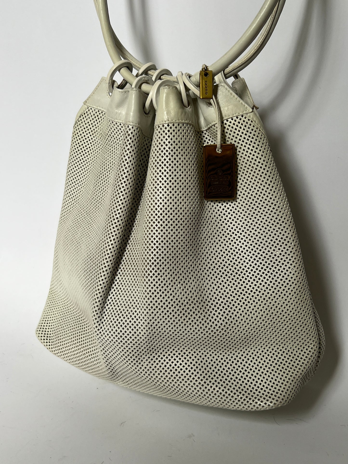 Gucci White Mesh Leather Ring Handle Shoulder Bag