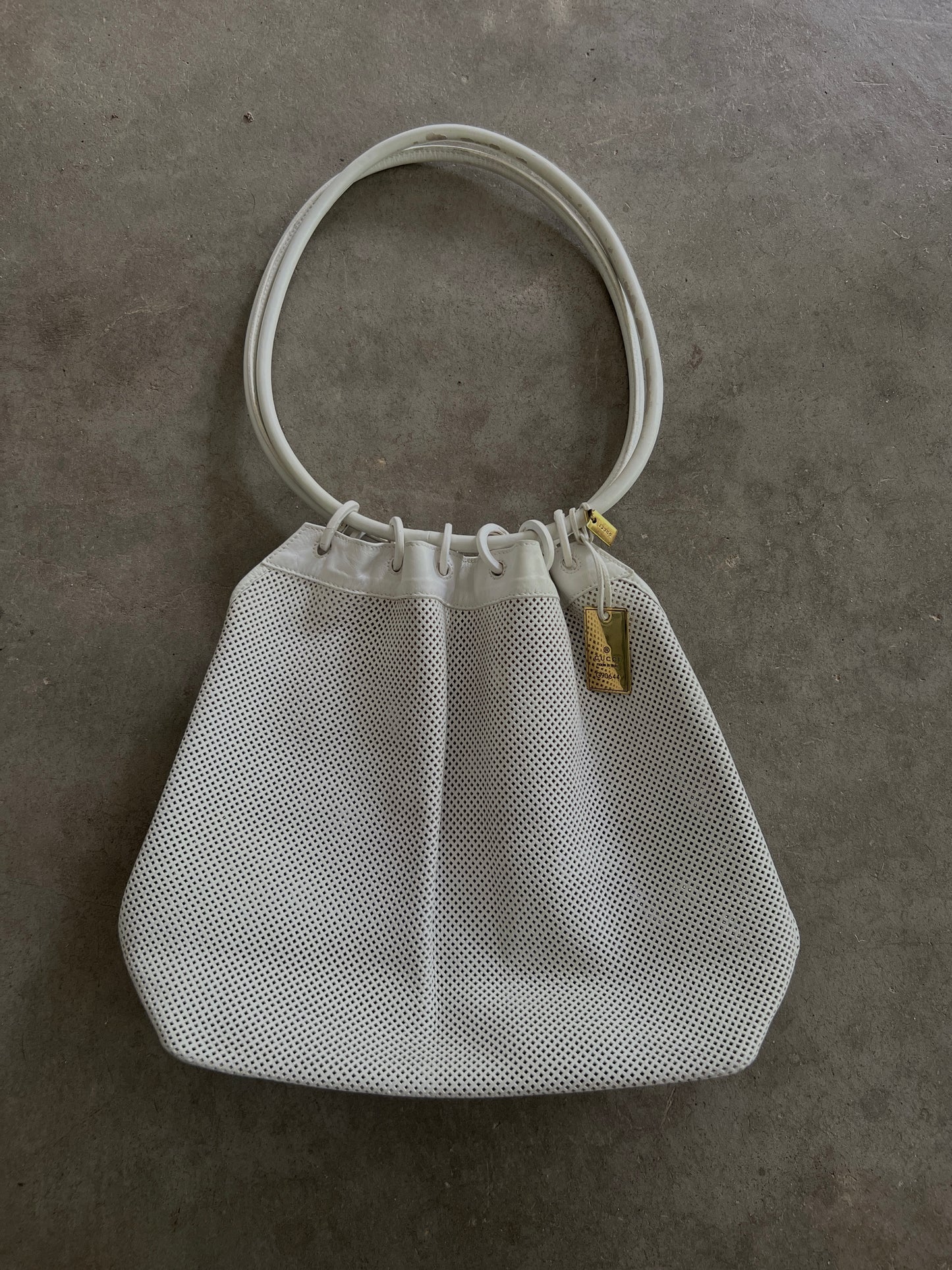 Gucci White Mesh Leather Ring Handle Shoulder Bag