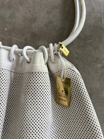 Gucci White Mesh Leather Ring Handle Shoulder Bag