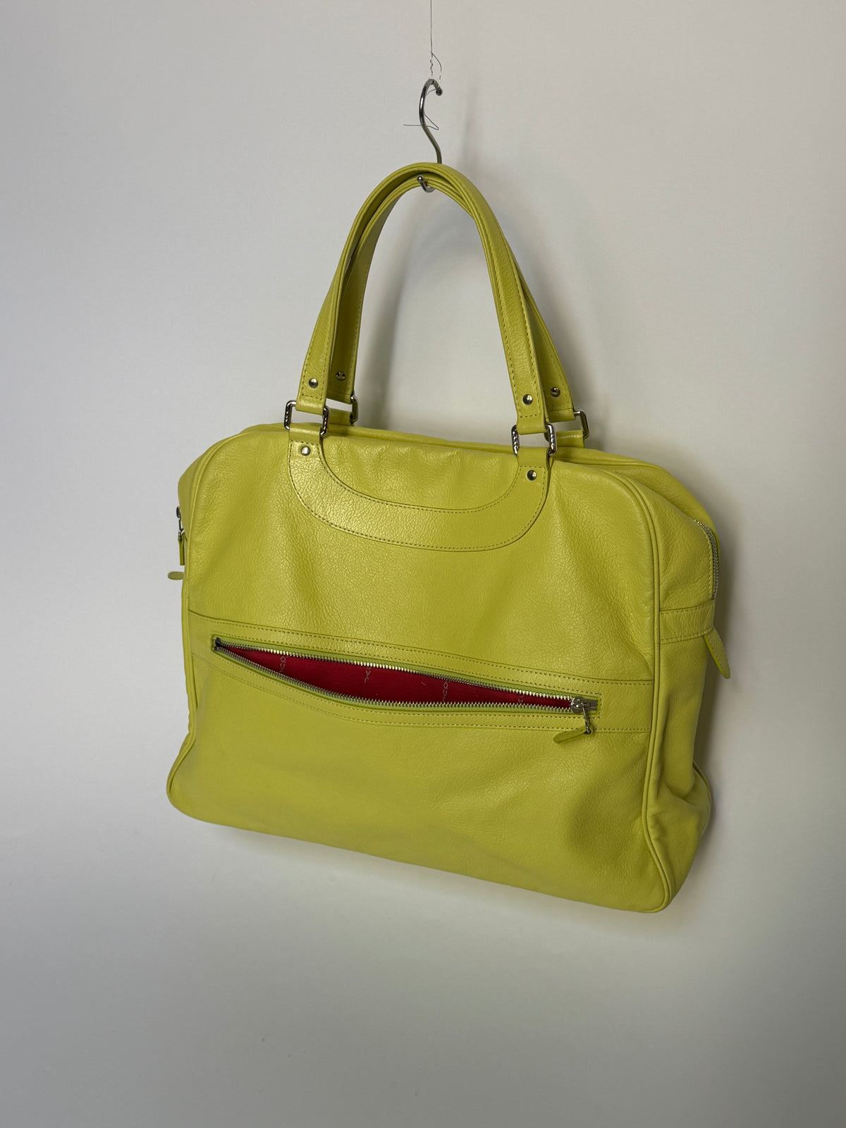 Yellow Leather Travel Tote with Red Lining