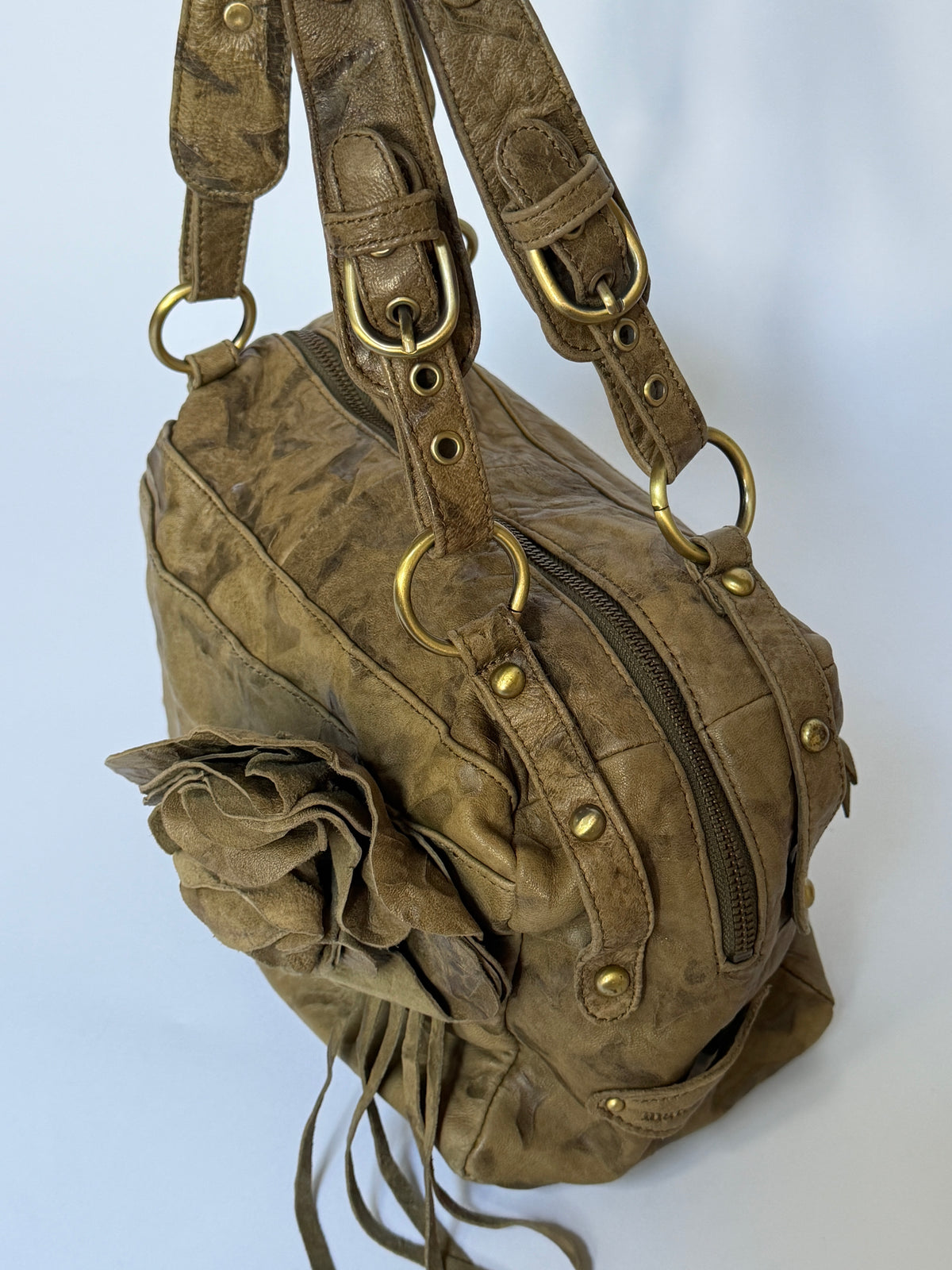Leather Shoulder Bag with Flower Applique
