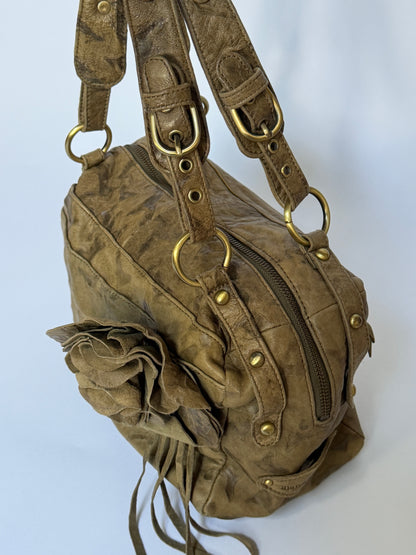 Leather Shoulder Bag with Flower Applique