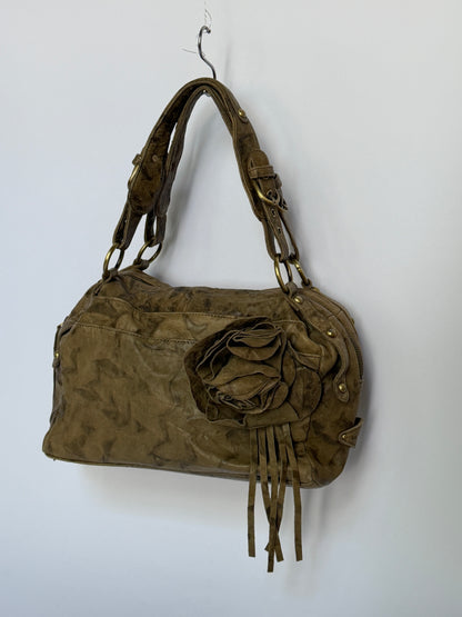 Leather Shoulder Bag with Flower Applique