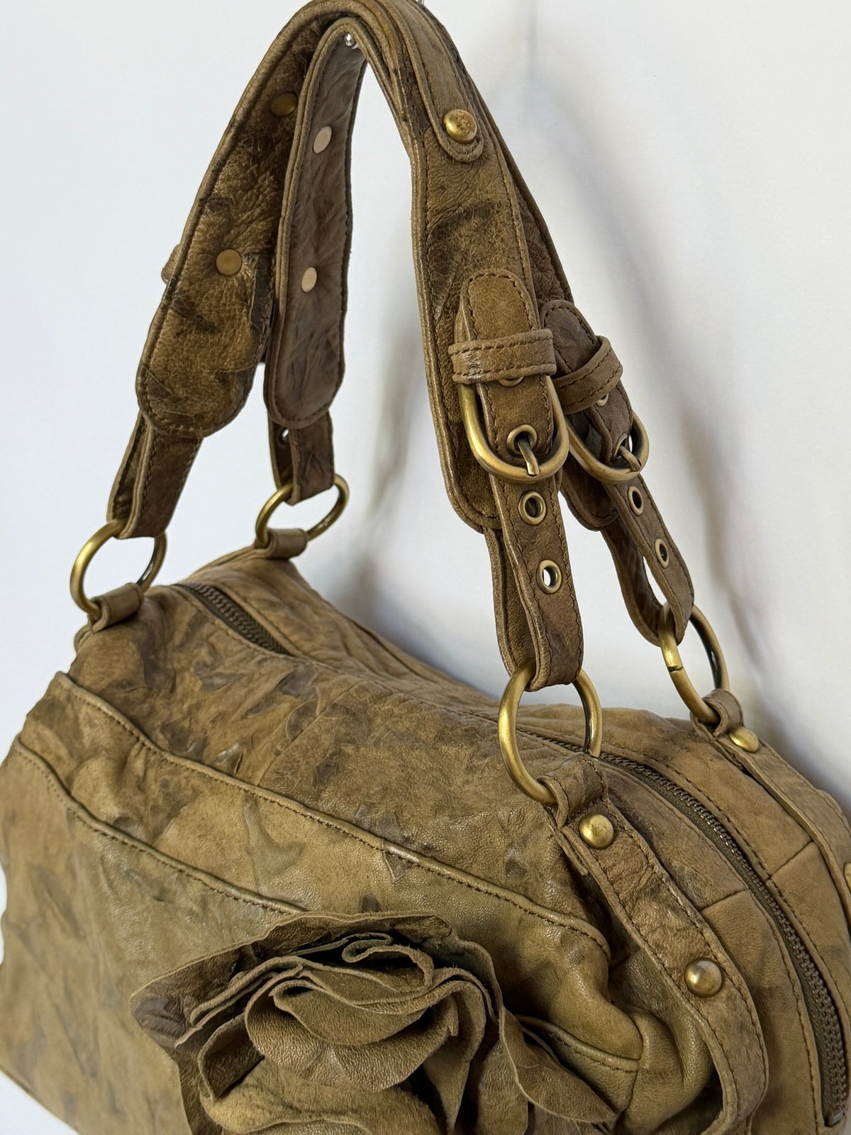 Leather Shoulder Bag with Flower Applique