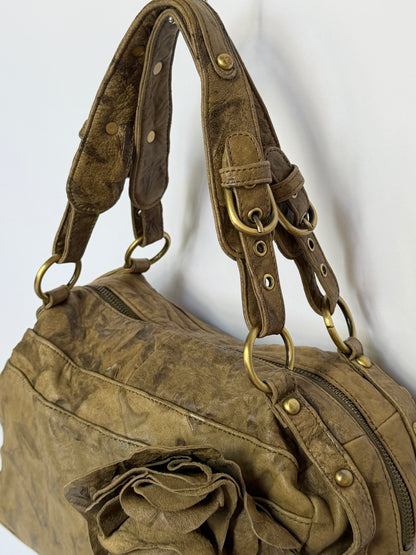 Leather Shoulder Bag with Flower Applique