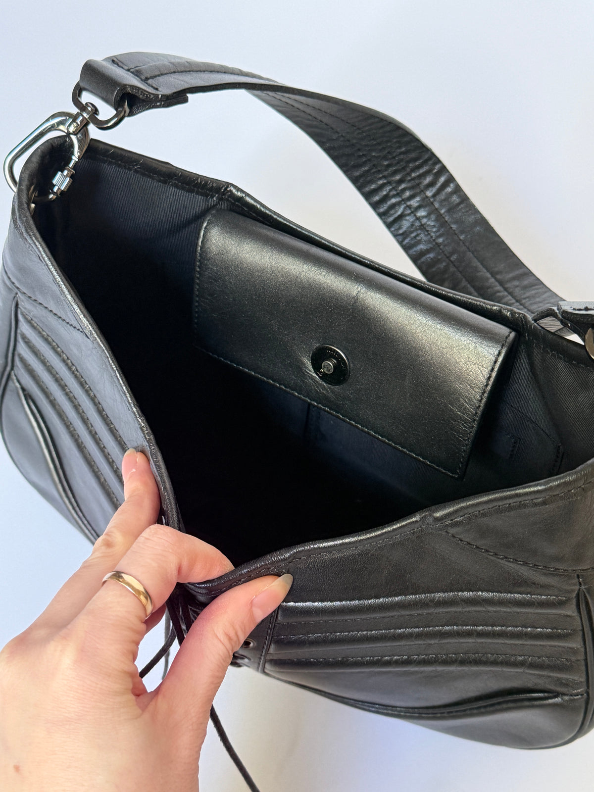 Black Leather Lace-Up Corset Shoulder Bag