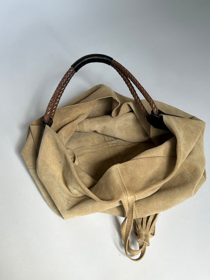 Slouchy Suede Ecru Tassel Tote