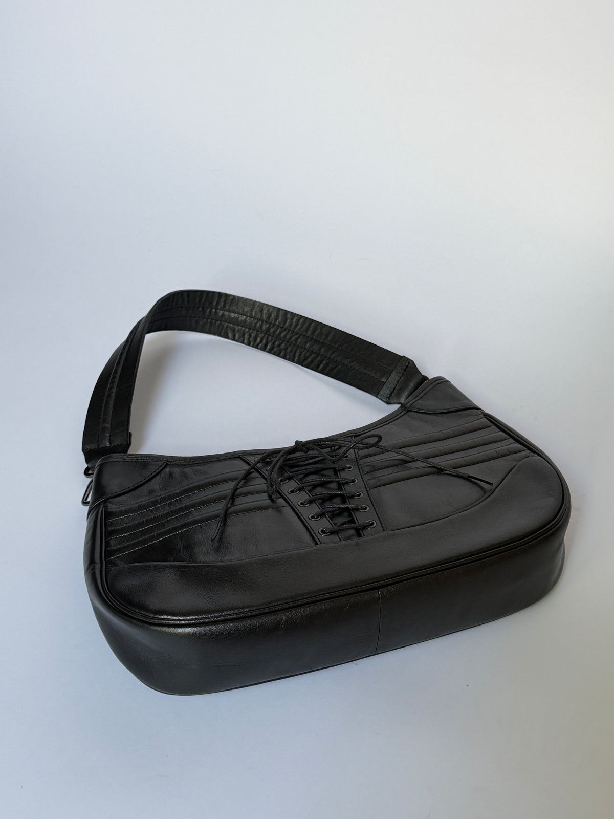 Black Leather Lace-Up Corset Shoulder Bag