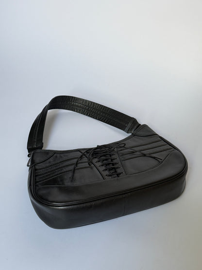 Black Leather Lace-Up Corset Shoulder Bag