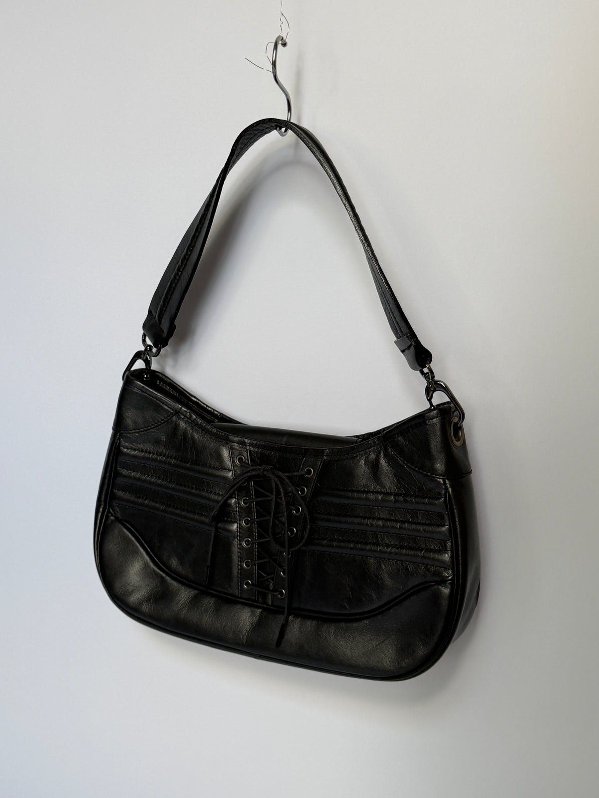 Black Leather Lace-Up Corset Shoulder Bag