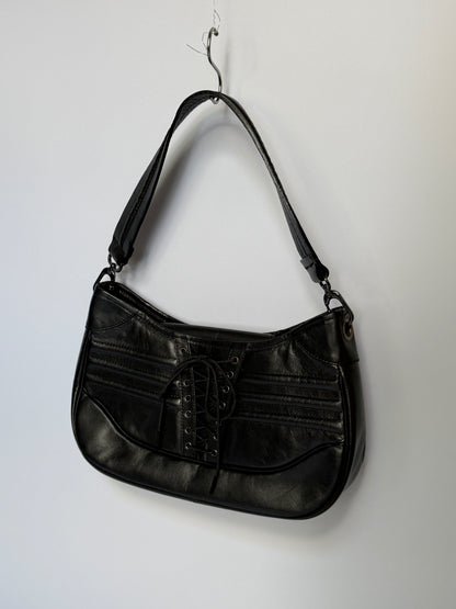 Black Leather Lace-Up Corset Shoulder Bag