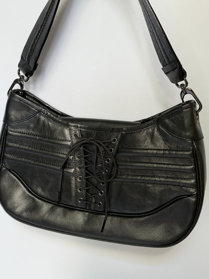 Black Leather Lace-Up Corset Shoulder Bag