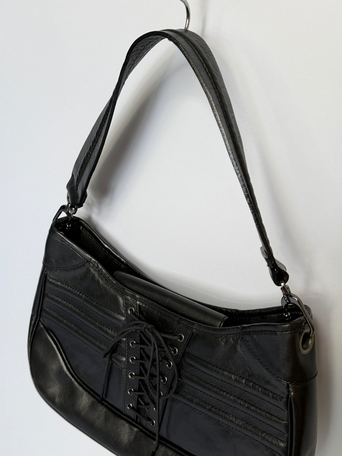 Black Leather Lace-Up Corset Shoulder Bag