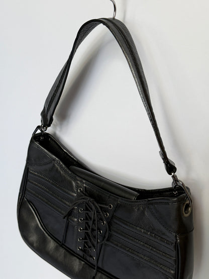 Black Leather Lace-Up Corset Shoulder Bag