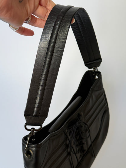 Black Leather Lace-Up Corset Shoulder Bag