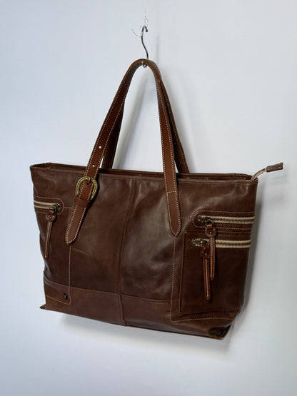 Leather Tote Bag with Horseshoe Buckle Detail