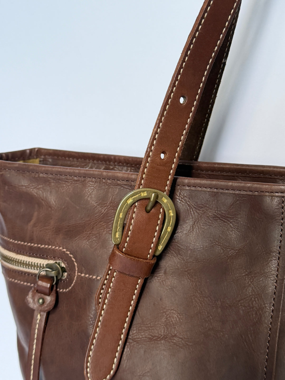 Leather Tote Bag with Horseshoe Buckle Detail