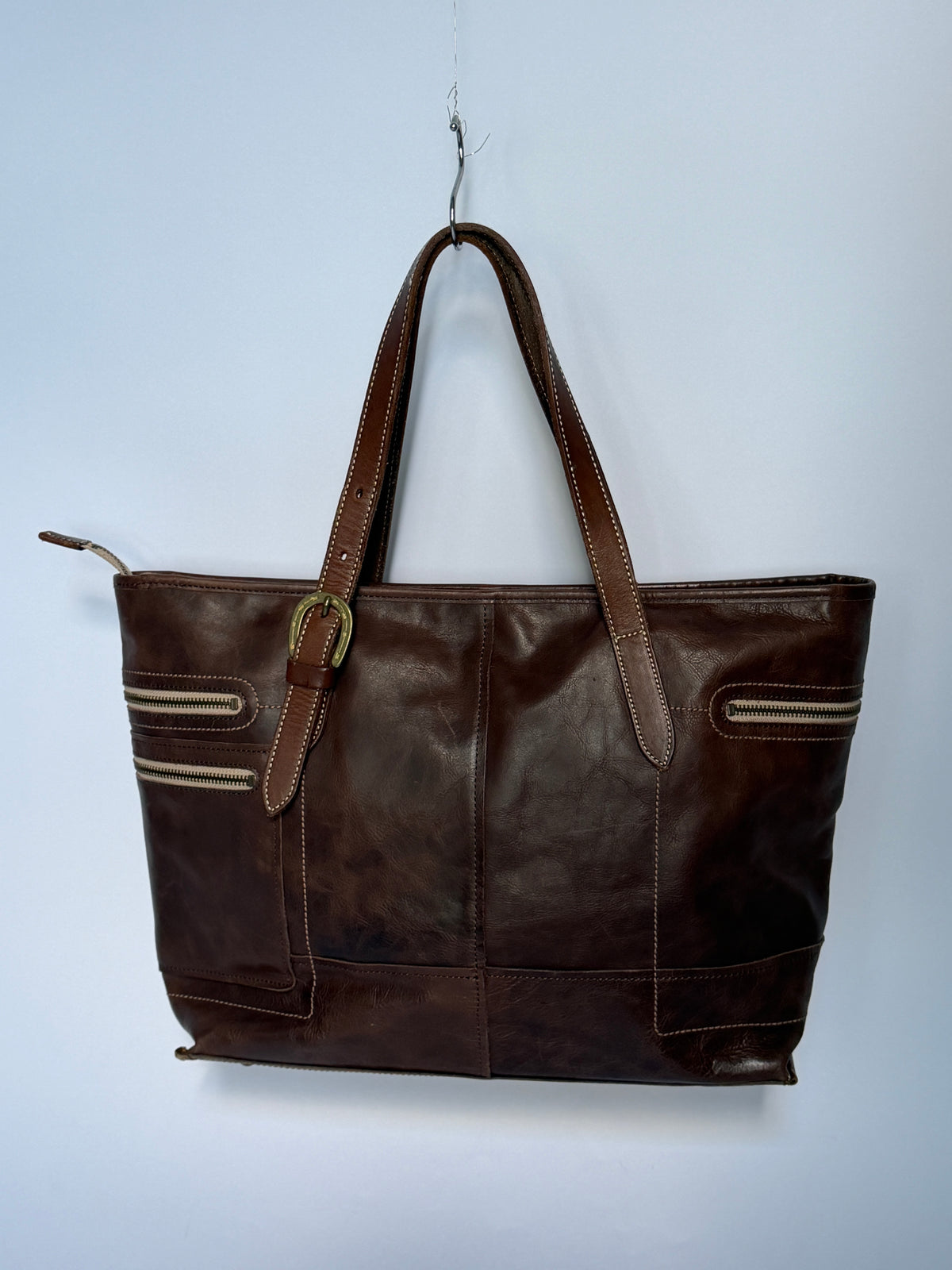 Leather Tote Bag with Horseshoe Buckle Detail
