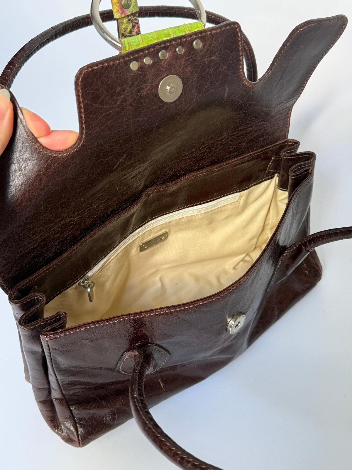 Python-Embossed Brown Leather Bag