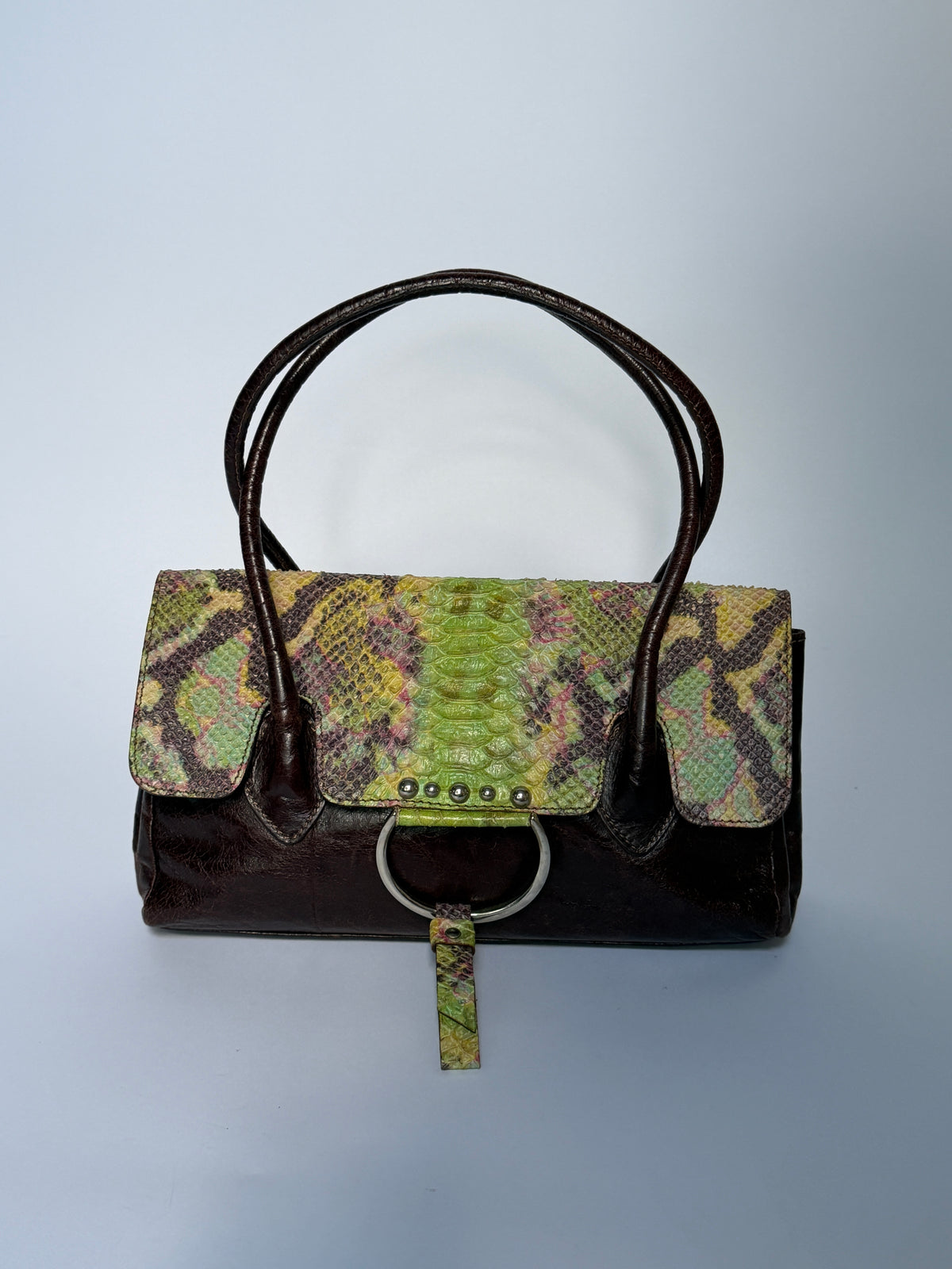 Python-Embossed Brown Leather Bag