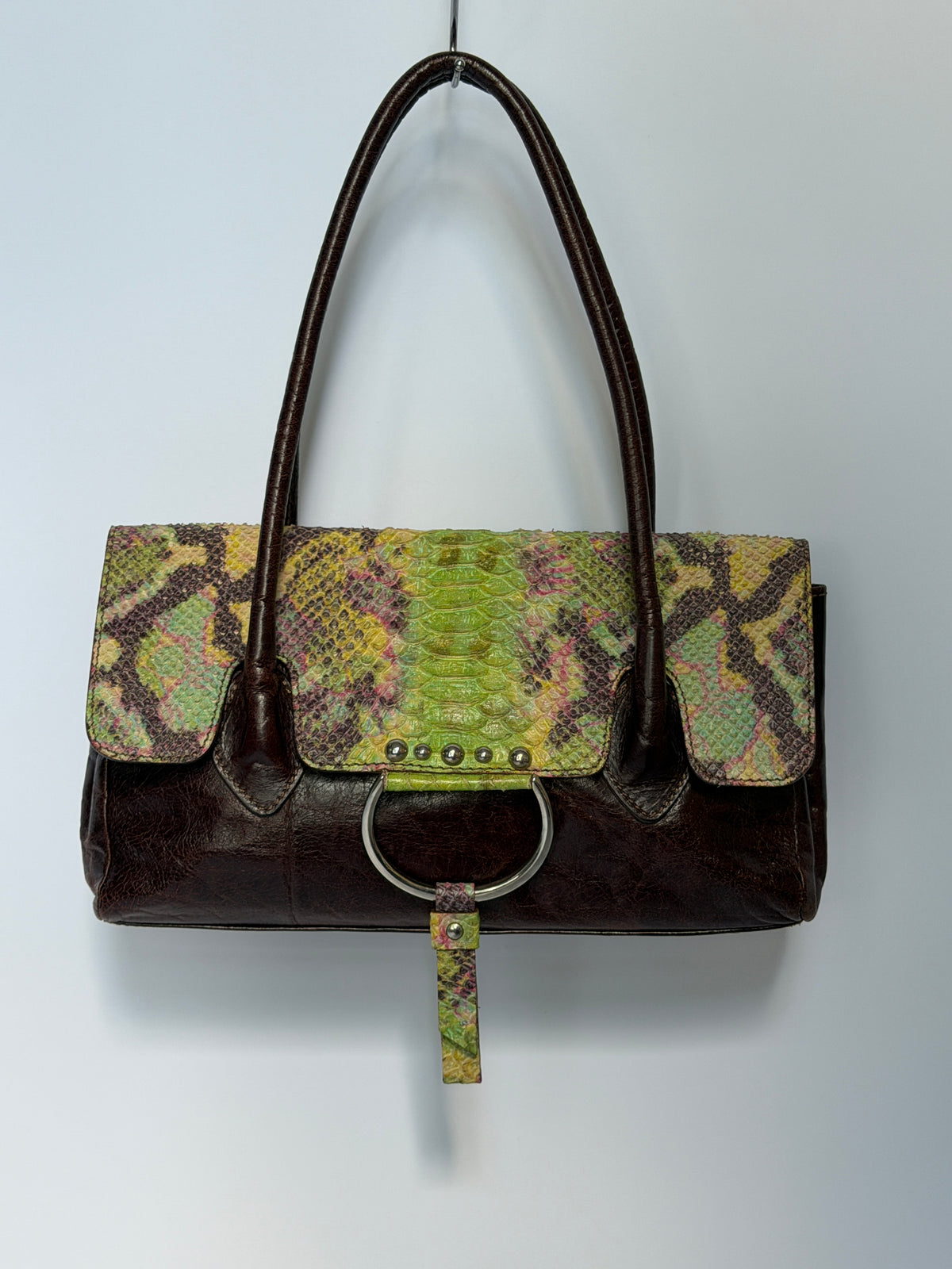 Python-Embossed Brown Leather Bag