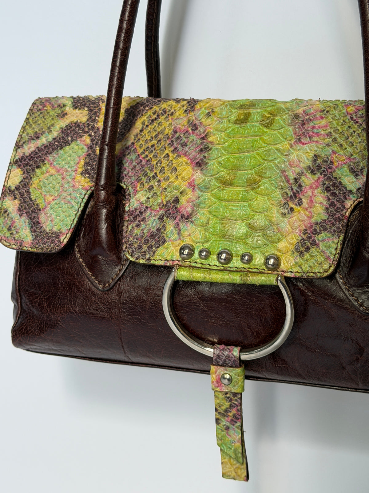 Python-Embossed Brown Leather Bag