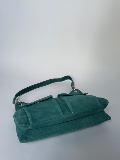Blue Suede Hobo Bag with Twin Front Pockets