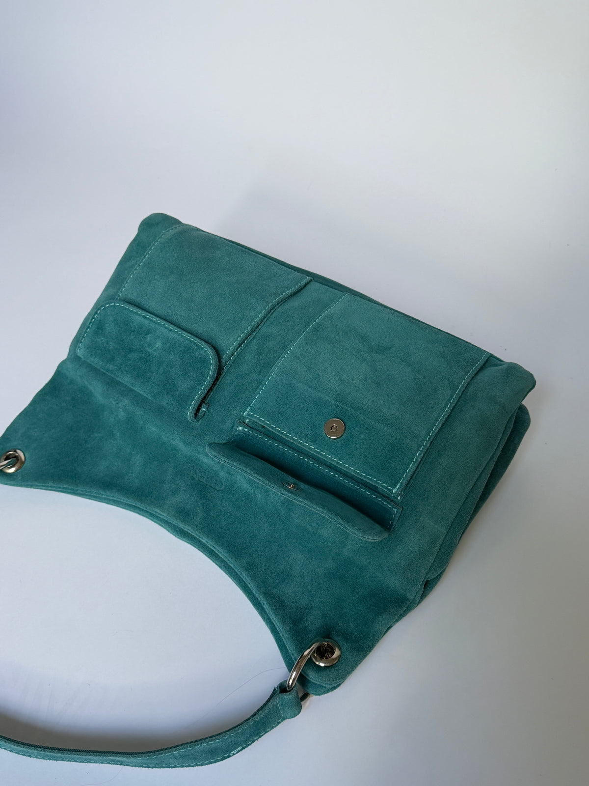 Blue Suede Hobo Bag with Twin Front Pockets