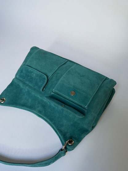 Blue Suede Hobo Bag with Twin Front Pockets